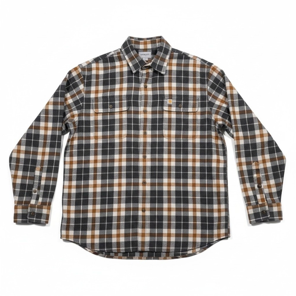 Carhartt Men XL Flannel Plaid Button Down Shirt Brown‎ Grey 100% Cotton Workwear